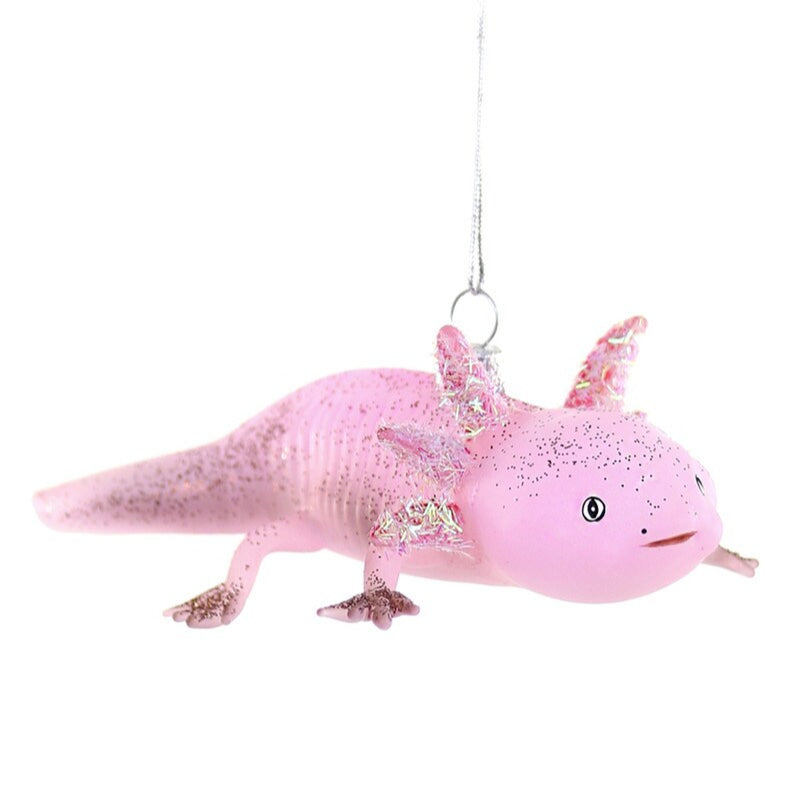 Pink axolotl ornament with glitter on a white background