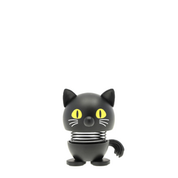 A black cat-shaped spring toy with yellow eyes, white whiskers, and a black-and-white striped spring, centered on a plain white background.