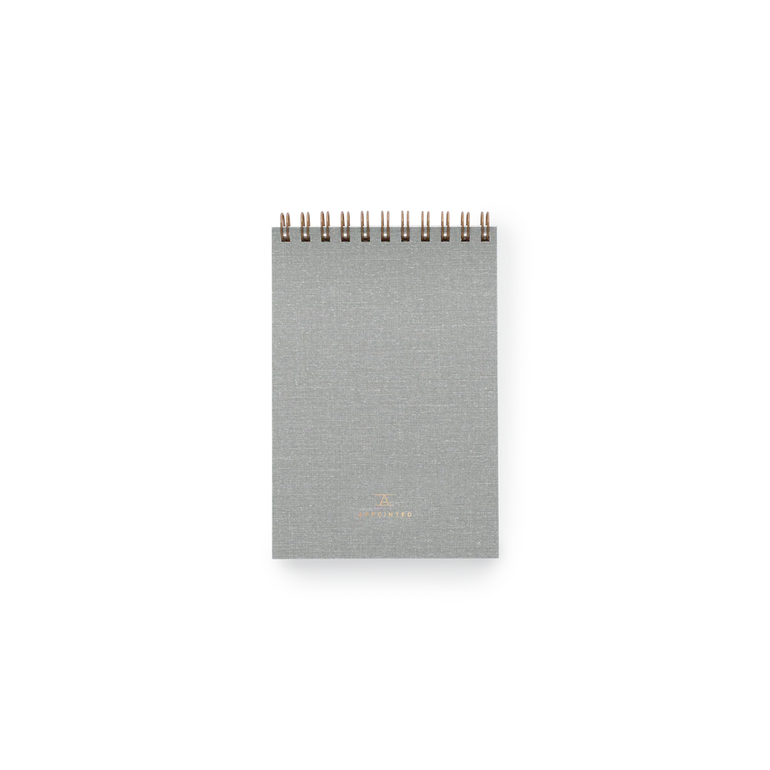 Gray notebook with gold spiral binding on a white background