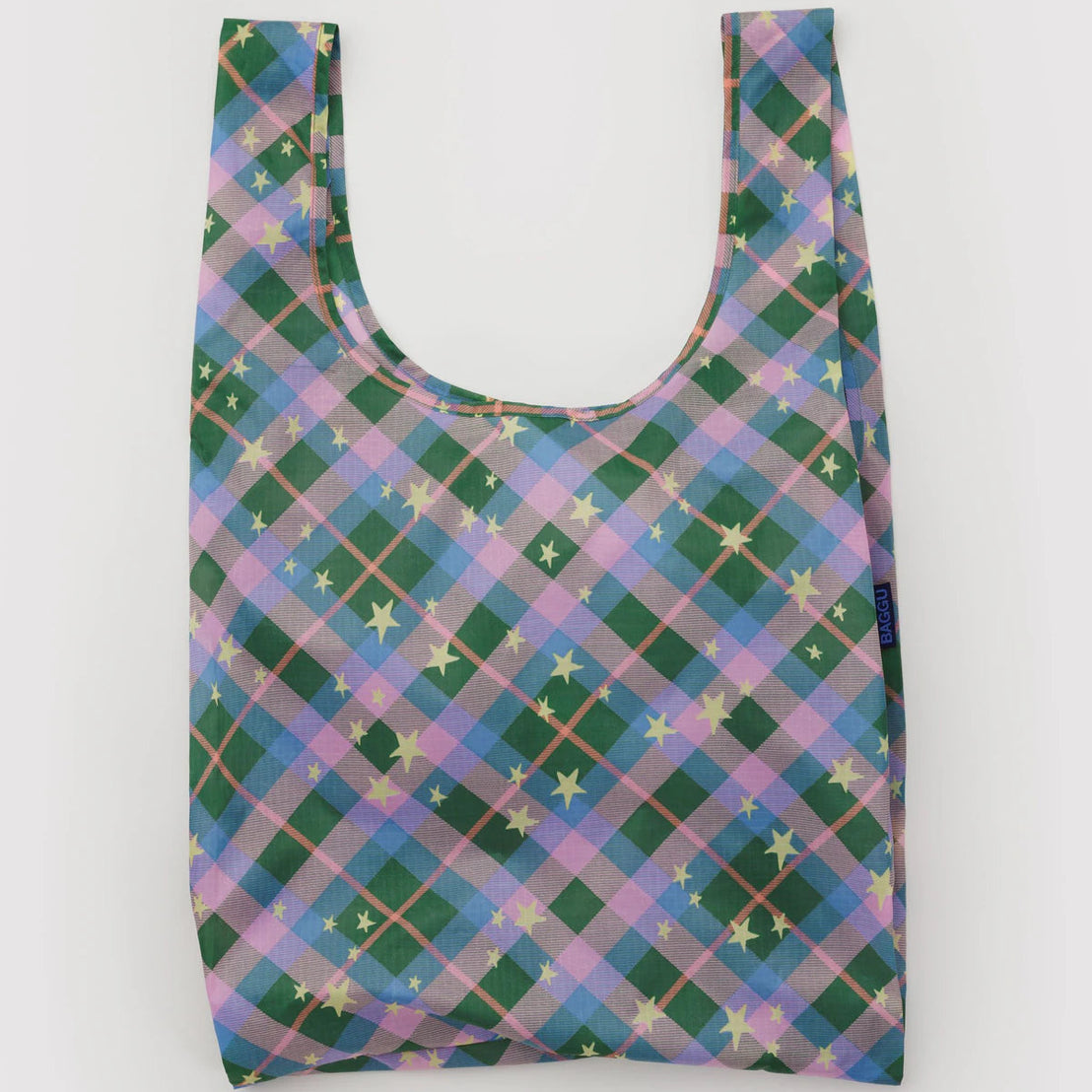Reusable bag with green and purple plaid pattern on a white background