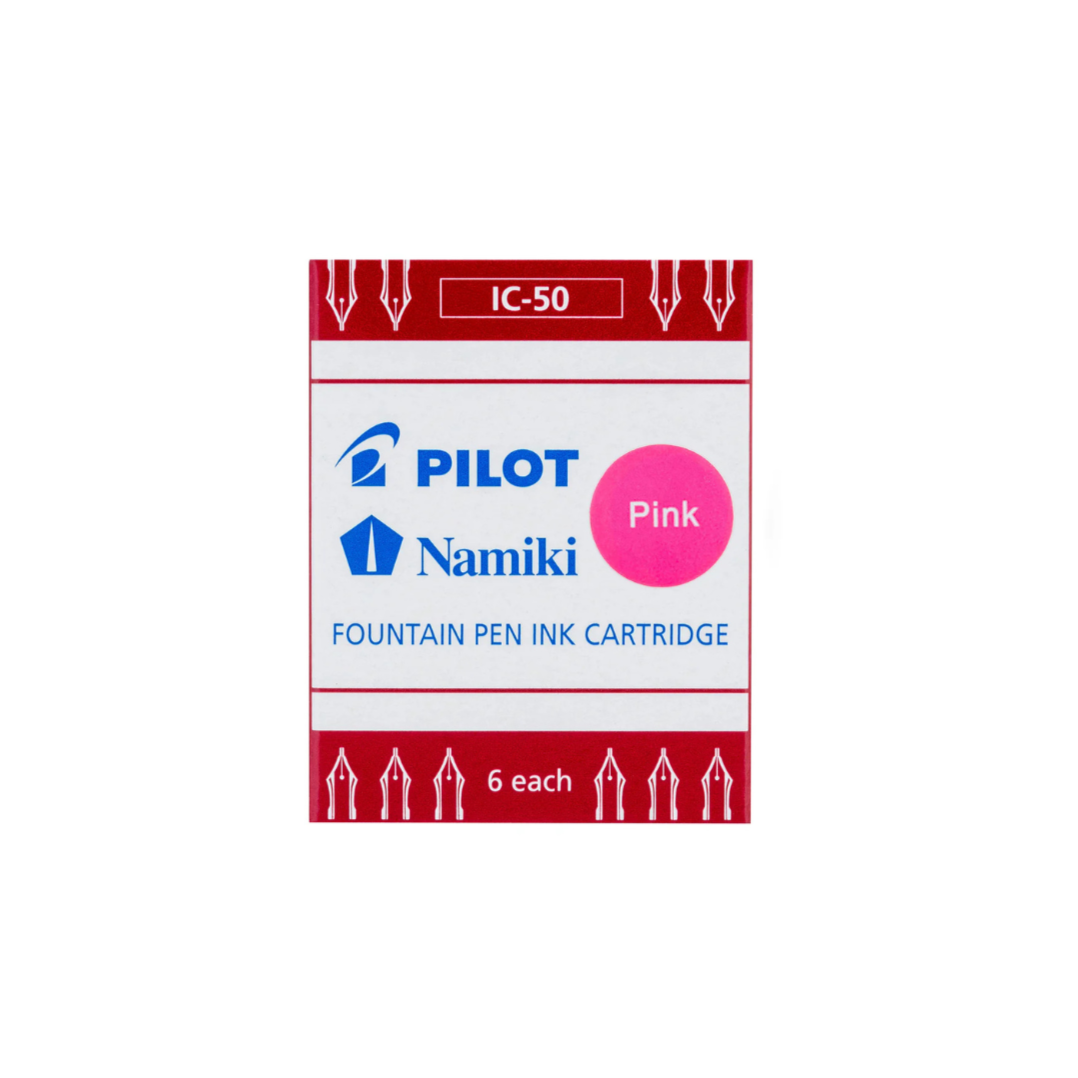 Pack of Pilot Namiki fountain pen ink cartridges with pink ink on a white background