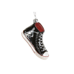 Black high-top sneaker ornament with red accent on a white background