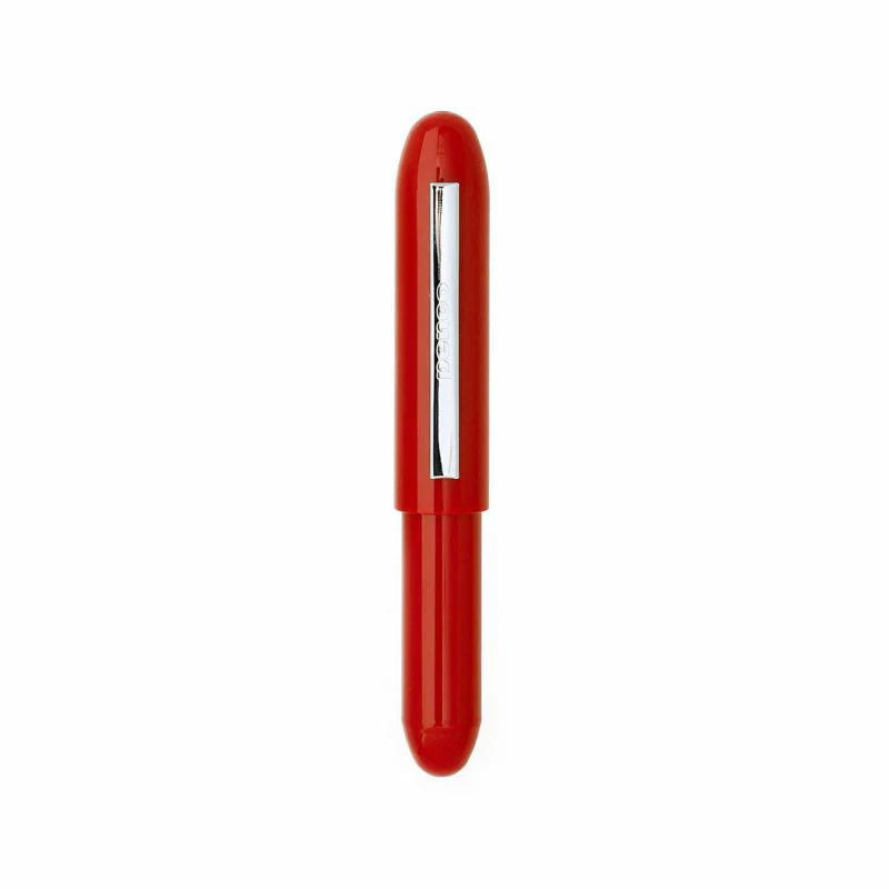 Red pen with silver clip on a white background