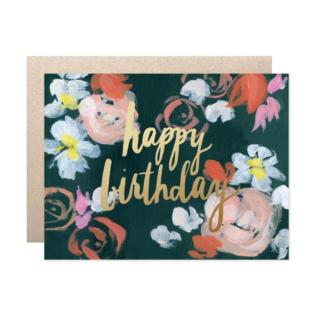 coral florals birthday card from Our Heiday, dark romantic painterly florals with gold script writing on top