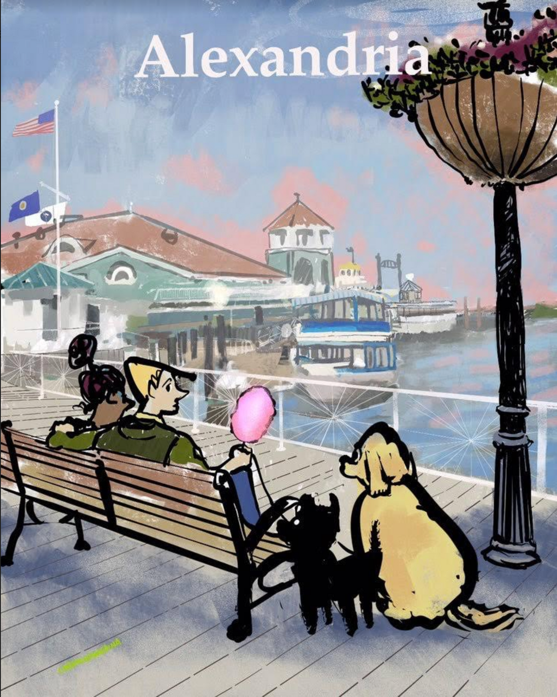 A painting on Alexandria, Virginia's waterfront. A couple is sitting on a bench that overlooks the Potomac River, enjoying cotton candy and their dogs are beside them. Carmonamedina, Alexandria