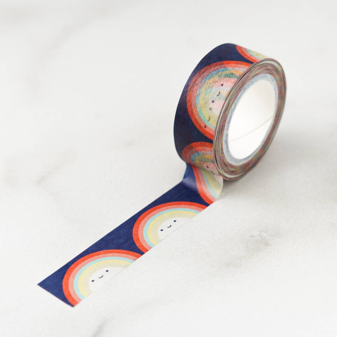 ilootpaperie washi tape, navy background rainbows with little happy faces